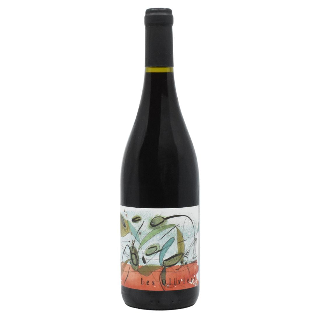 a bottle of Les Vignerons d’Estezargues, Les Oliviers Cotes du Rhone 2021 natural red wine