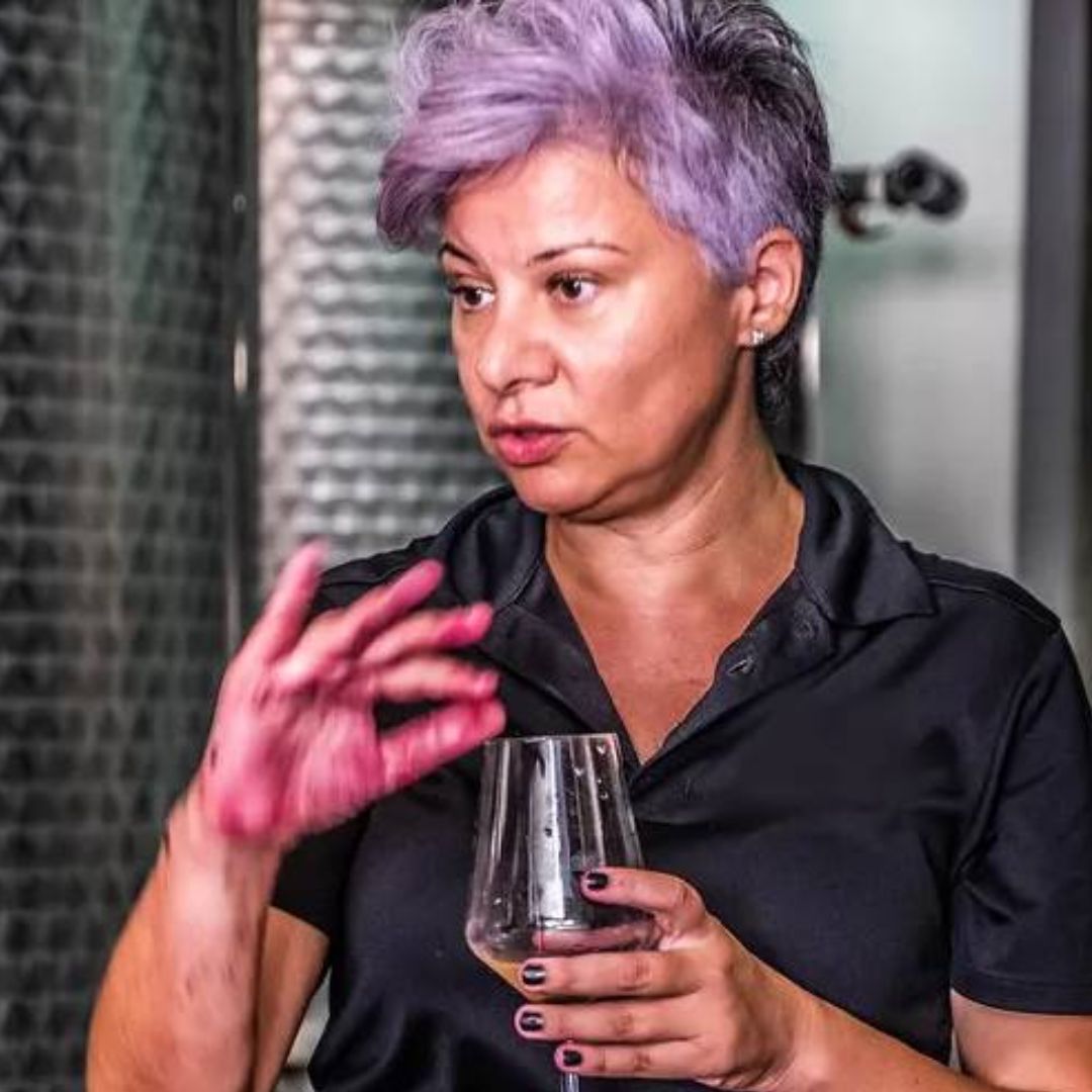 winemaker Valentina Passalacqua drinking calcarius wine