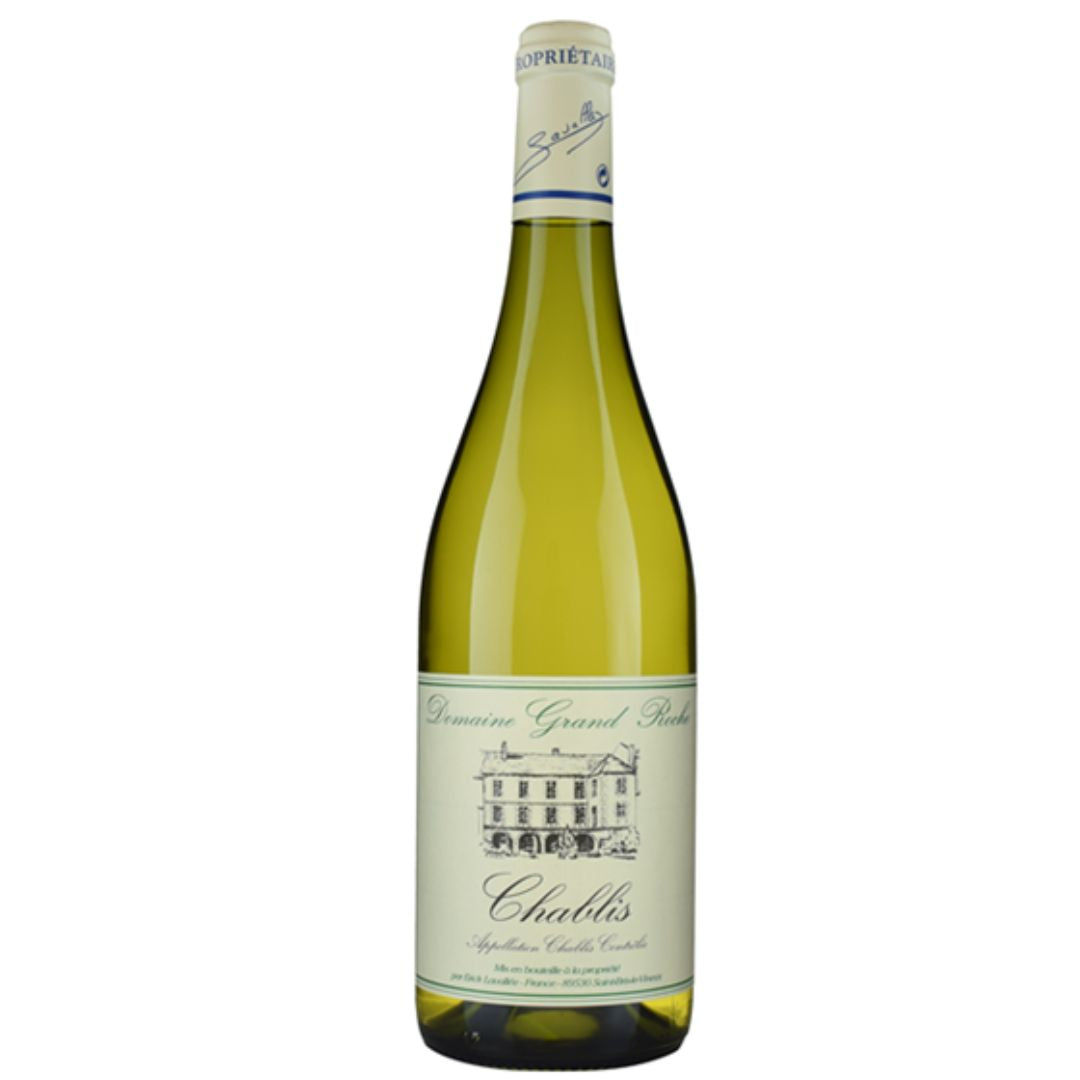 a bottle of Domaine Grand Roche, Chablis 2022 white wine
